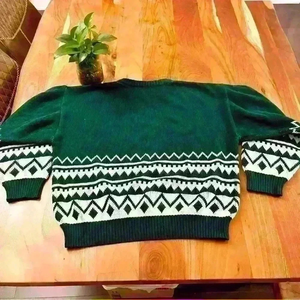 Vintage Bohemian Oversized Multicolored Green Pattern Crew Neck Sweater jumper - Picture 8 of 15